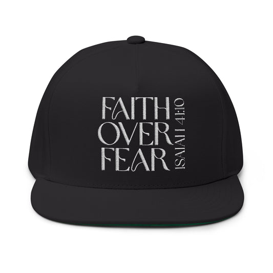 (Black) Faith Over Fear - Embroidered Flat Bill Cap